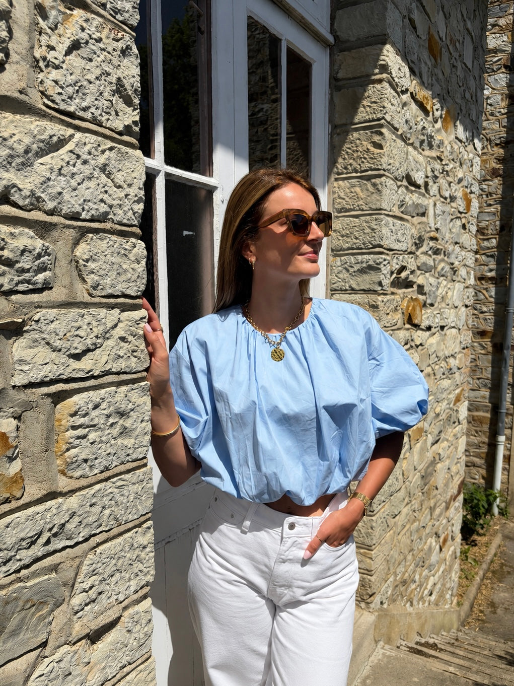 Blouse Bleu Ciel Manches Bouffantes COLINE – 100% Coton