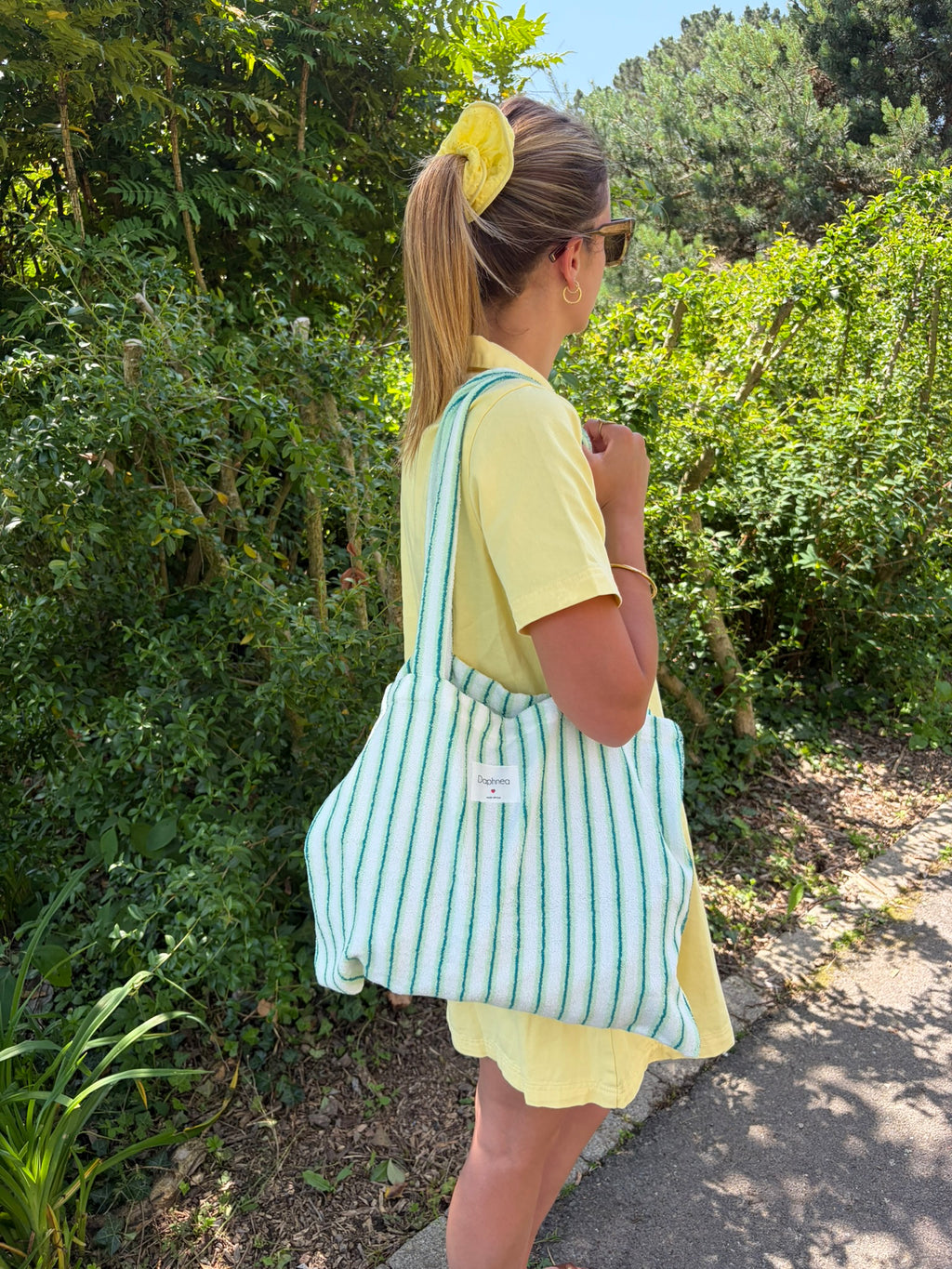 Tote bag rayures vert sauge et blanc anses larges – Marcelle Ouest