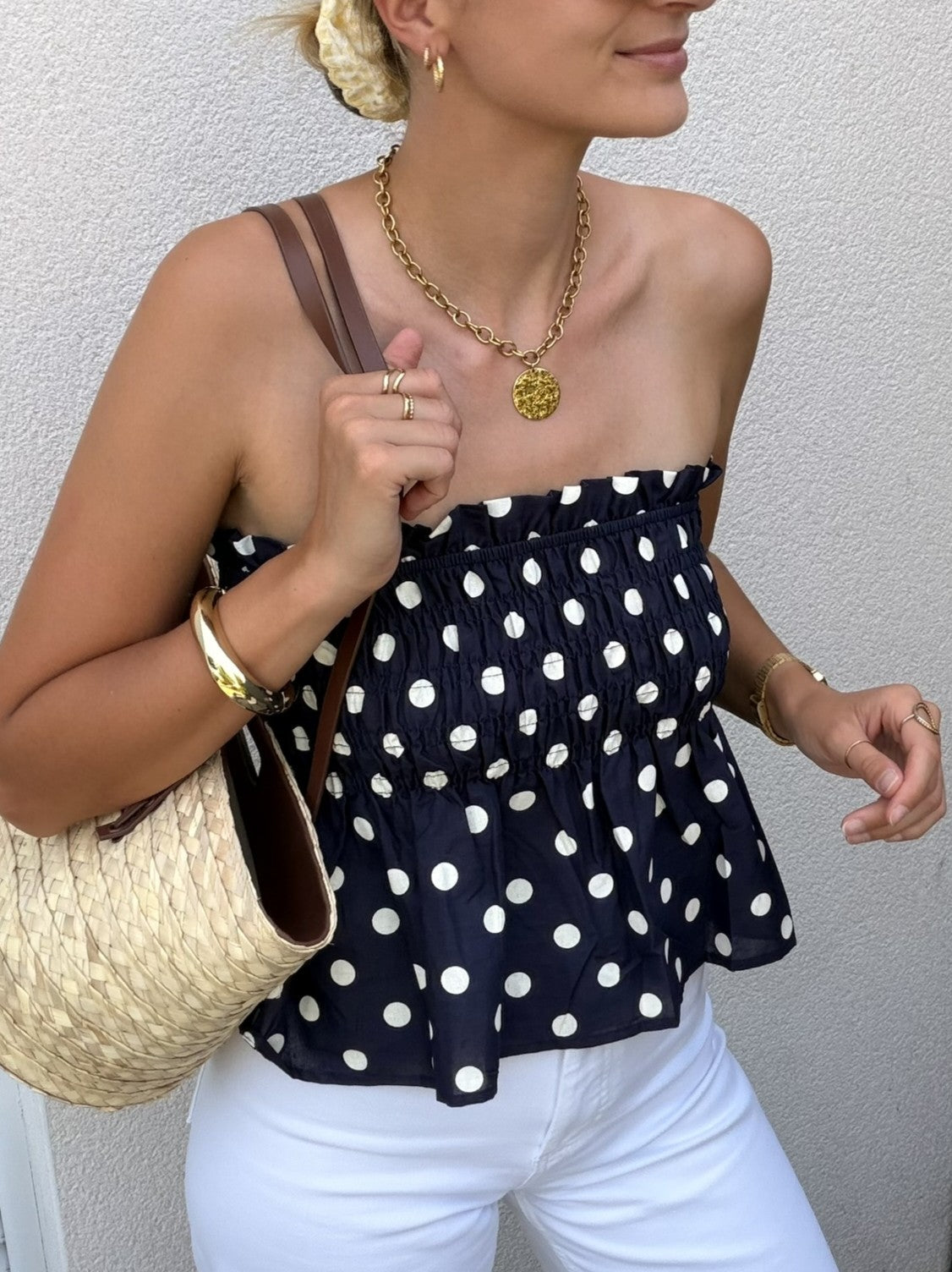 Top bustier COLETTE - Pois marine & blanc